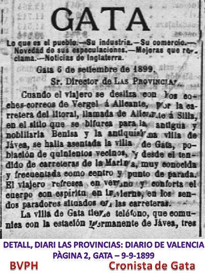 SABIEU...? que pel setembre de 1899 es va fer una detallada crònica de com era Gata i els seus veïns al diari LAS PROVINCIAS  (LP6)