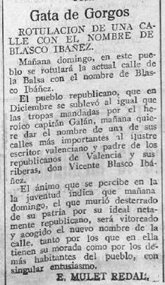 SABIEU...que demà fa 84 anys que al carrer La Bassa de Gata li van posar Blasco Ibáñez