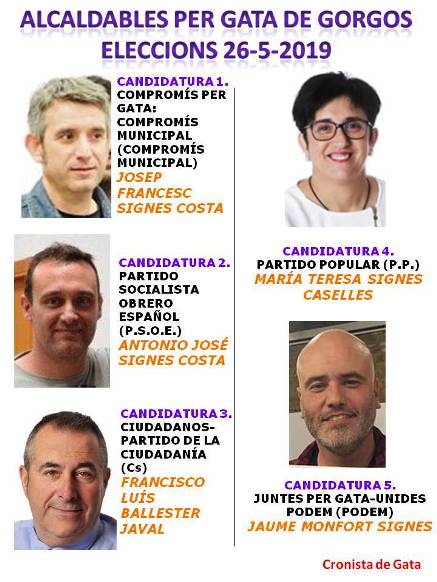 EL BOP PUBLICA LES CANDIDATURES. A GATA 5 PARTITS (COMPROMÍS, PSOE, CIUDADANOS, PP i PODEM)