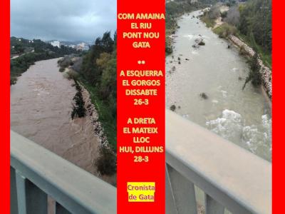 IMATGES CURIOSES: COM AMAINA EL RIU !!, com ha baixat el riu Gorgos al seu pas per Gata, de dissabte 26 a hui dilluns 28